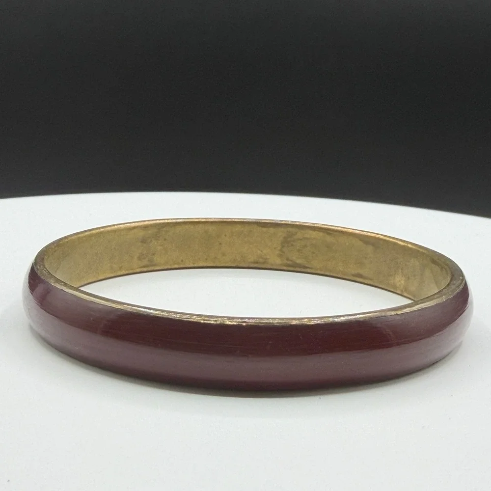 Burgundy Red Enamel Gold Tone Bangle Bracelet Stackable Boho Minimalist Gift